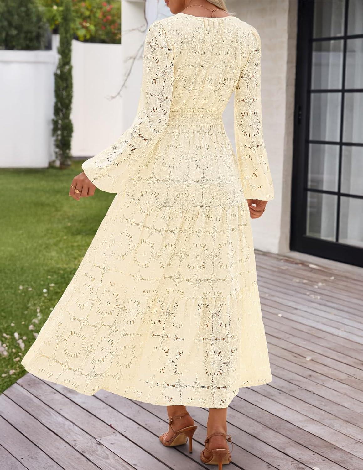 imageMEROKEETY Womens Fall Long Sleeve Floral Maxi Dress Lace Eyelet Hollow Out Tiered Boho Wedding Guest Dresses PocketsApricot