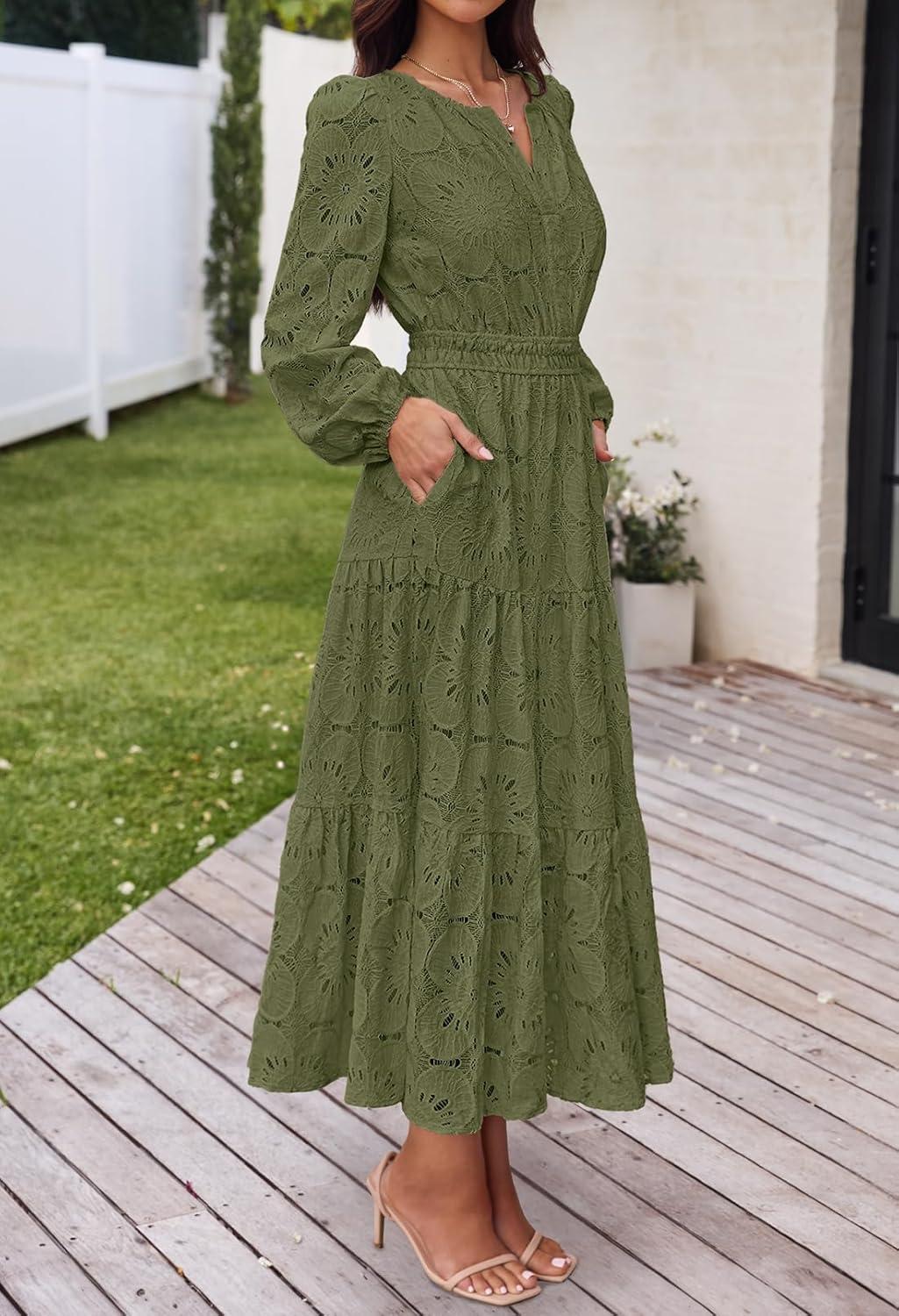 imageMEROKEETY Womens Fall Long Sleeve Floral Maxi Dress Lace Eyelet Hollow Out Tiered Boho Wedding Guest Dresses PocketsArmy Green