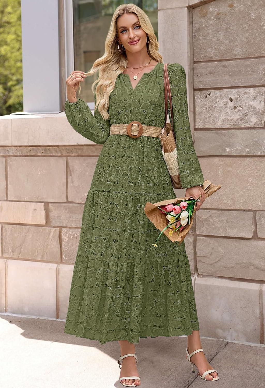 imageMEROKEETY Womens Fall Long Sleeve Floral Maxi Dress Lace Eyelet Hollow Out Tiered Boho Wedding Guest Dresses PocketsArmy Green