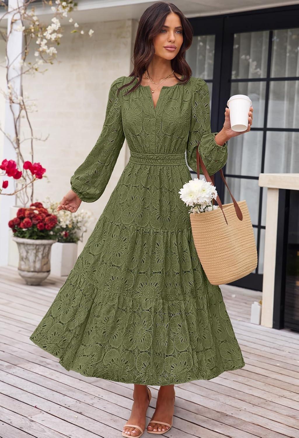 imageMEROKEETY Womens Fall Long Sleeve Floral Maxi Dress Lace Eyelet Hollow Out Tiered Boho Wedding Guest Dresses PocketsArmy Green