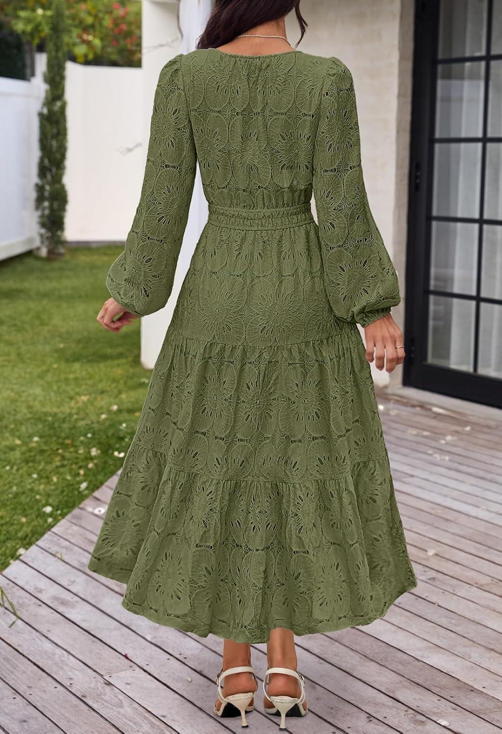 imageMEROKEETY Womens Fall Long Sleeve Floral Maxi Dress Lace Eyelet Hollow Out Tiered Boho Wedding Guest Dresses PocketsArmy Green