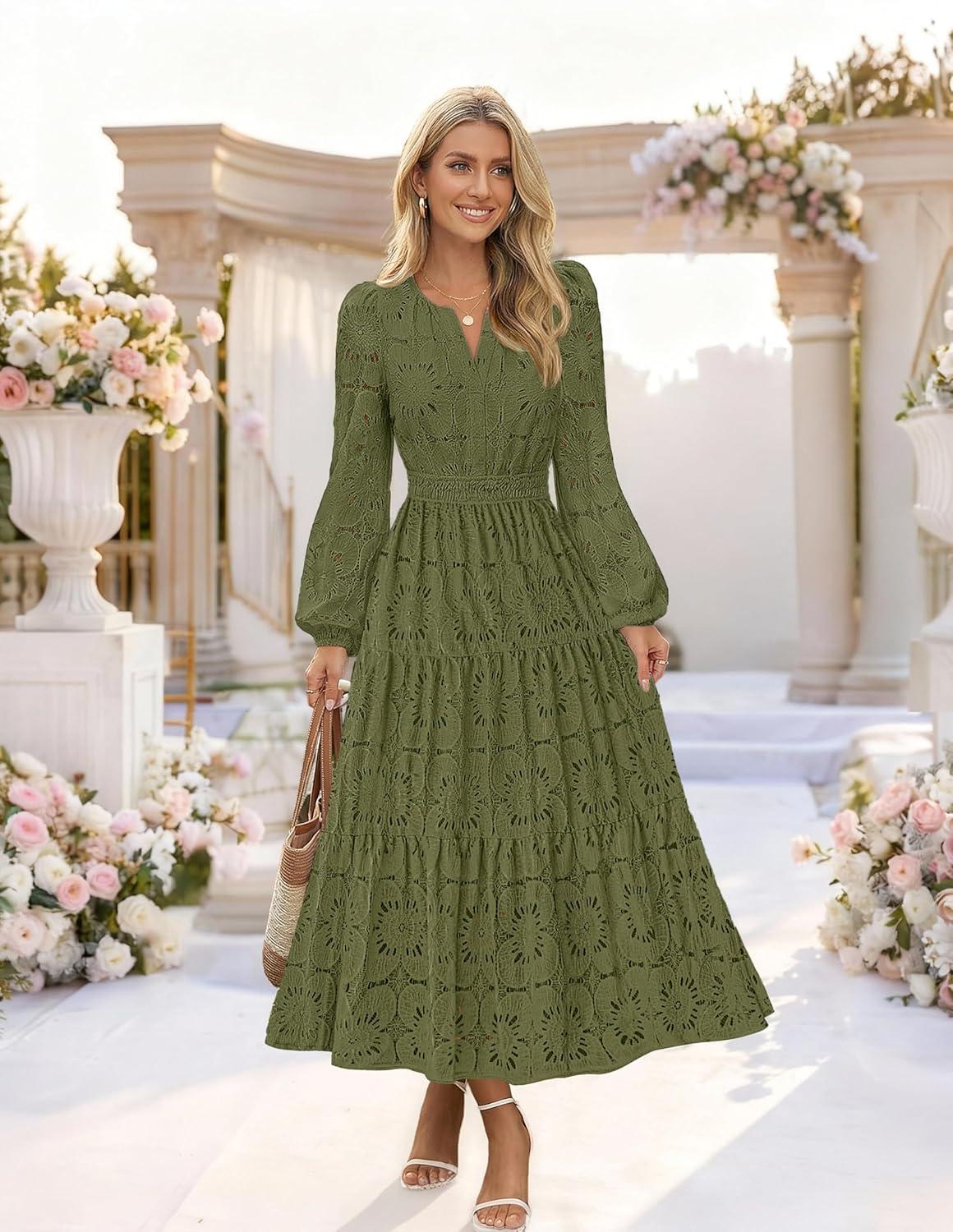 imageMEROKEETY Womens Fall Long Sleeve Floral Maxi Dress Lace Eyelet Hollow Out Tiered Boho Wedding Guest Dresses PocketsArmy Green
