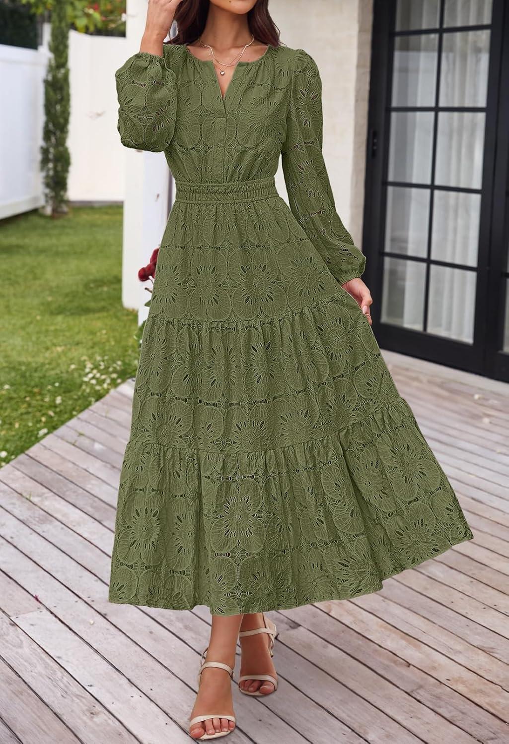 imageMEROKEETY Womens Fall Long Sleeve Floral Maxi Dress Lace Eyelet Hollow Out Tiered Boho Wedding Guest Dresses PocketsArmy Green