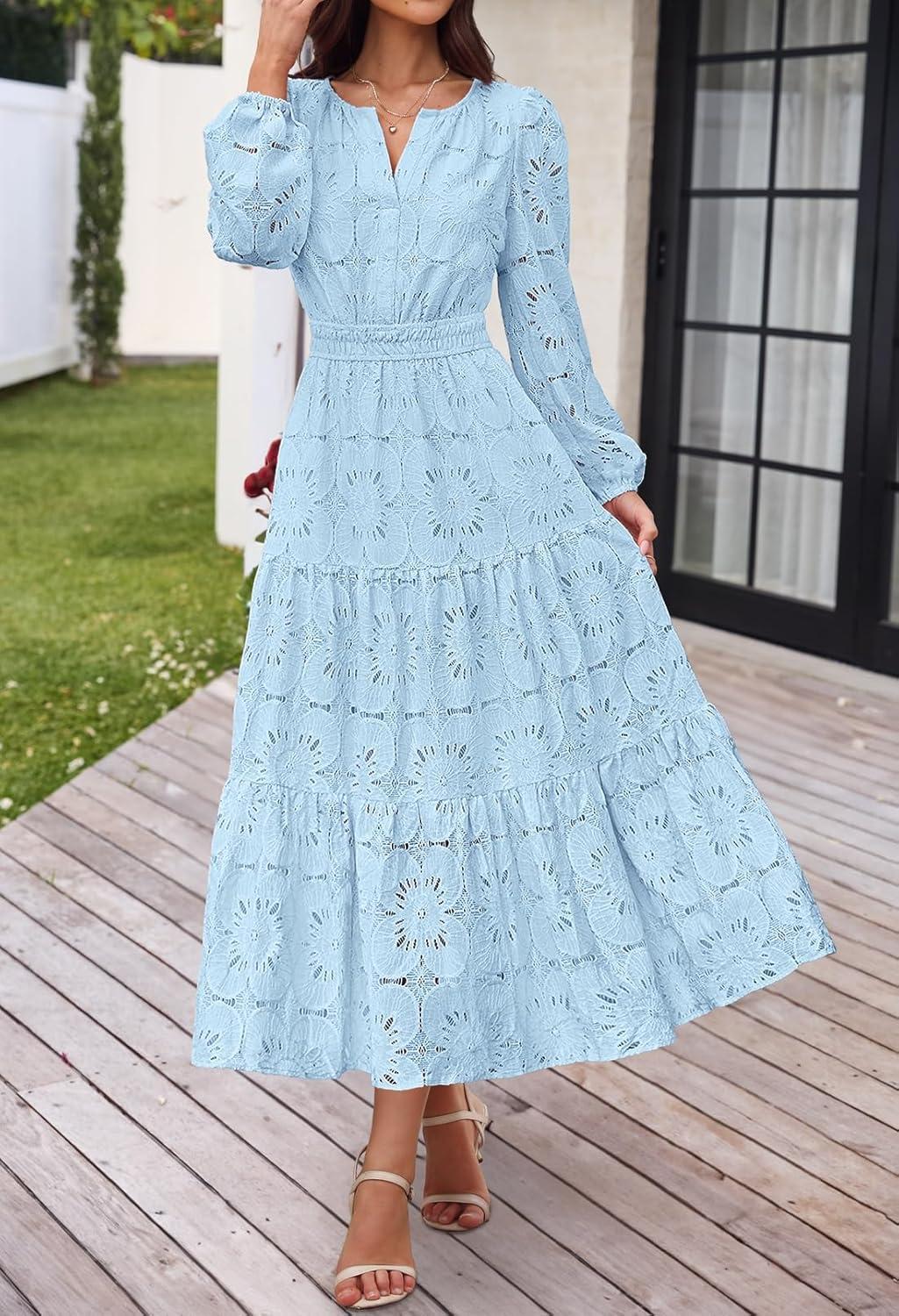 imageMEROKEETY Womens Fall Long Sleeve Floral Maxi Dress Lace Eyelet Hollow Out Tiered Boho Wedding Guest Dresses PocketsBlue