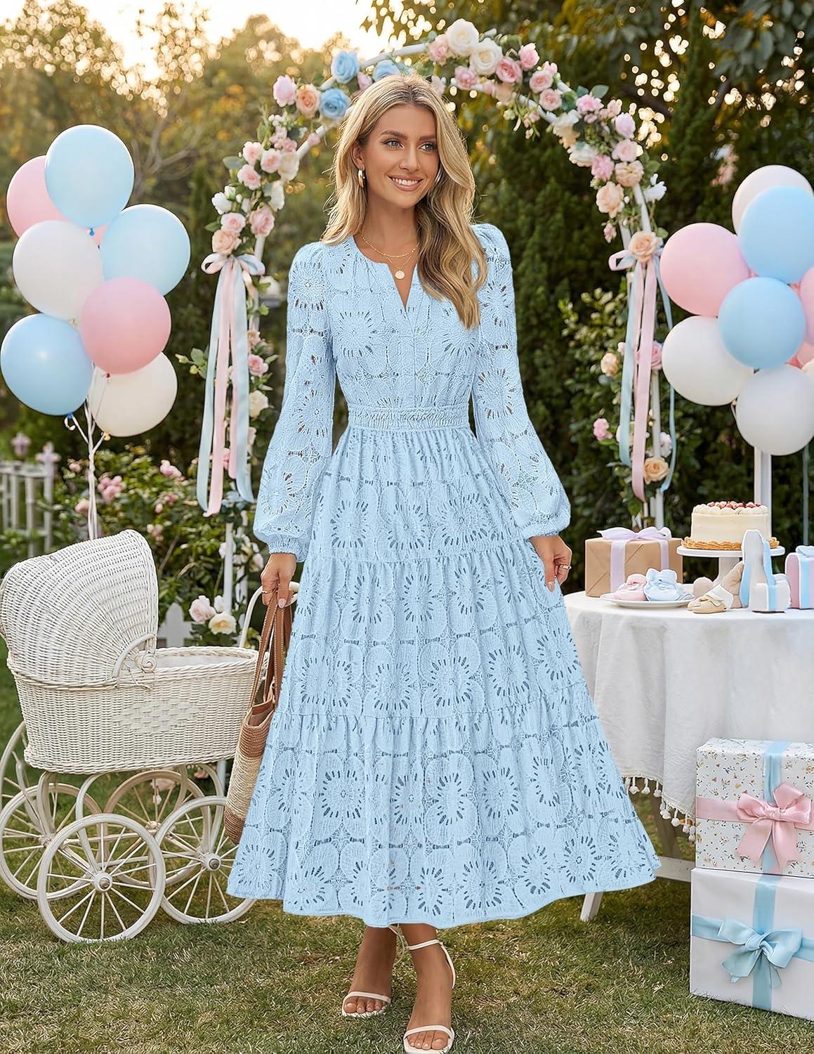 imageMEROKEETY Womens Fall Long Sleeve Floral Maxi Dress Lace Eyelet Hollow Out Tiered Boho Wedding Guest Dresses PocketsBlue