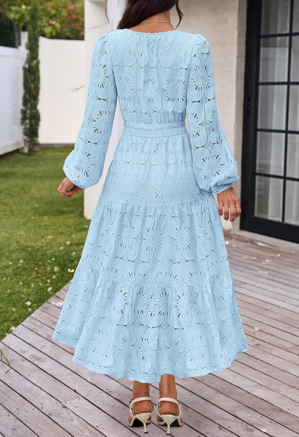 imageMEROKEETY Womens Fall Long Sleeve Floral Maxi Dress Lace Eyelet Hollow Out Tiered Boho Wedding Guest Dresses PocketsBlue