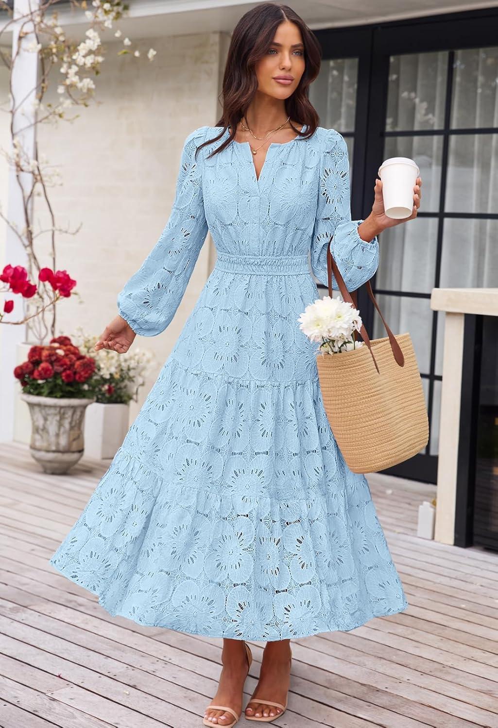 imageMEROKEETY Womens Fall Long Sleeve Floral Maxi Dress Lace Eyelet Hollow Out Tiered Boho Wedding Guest Dresses PocketsBlue