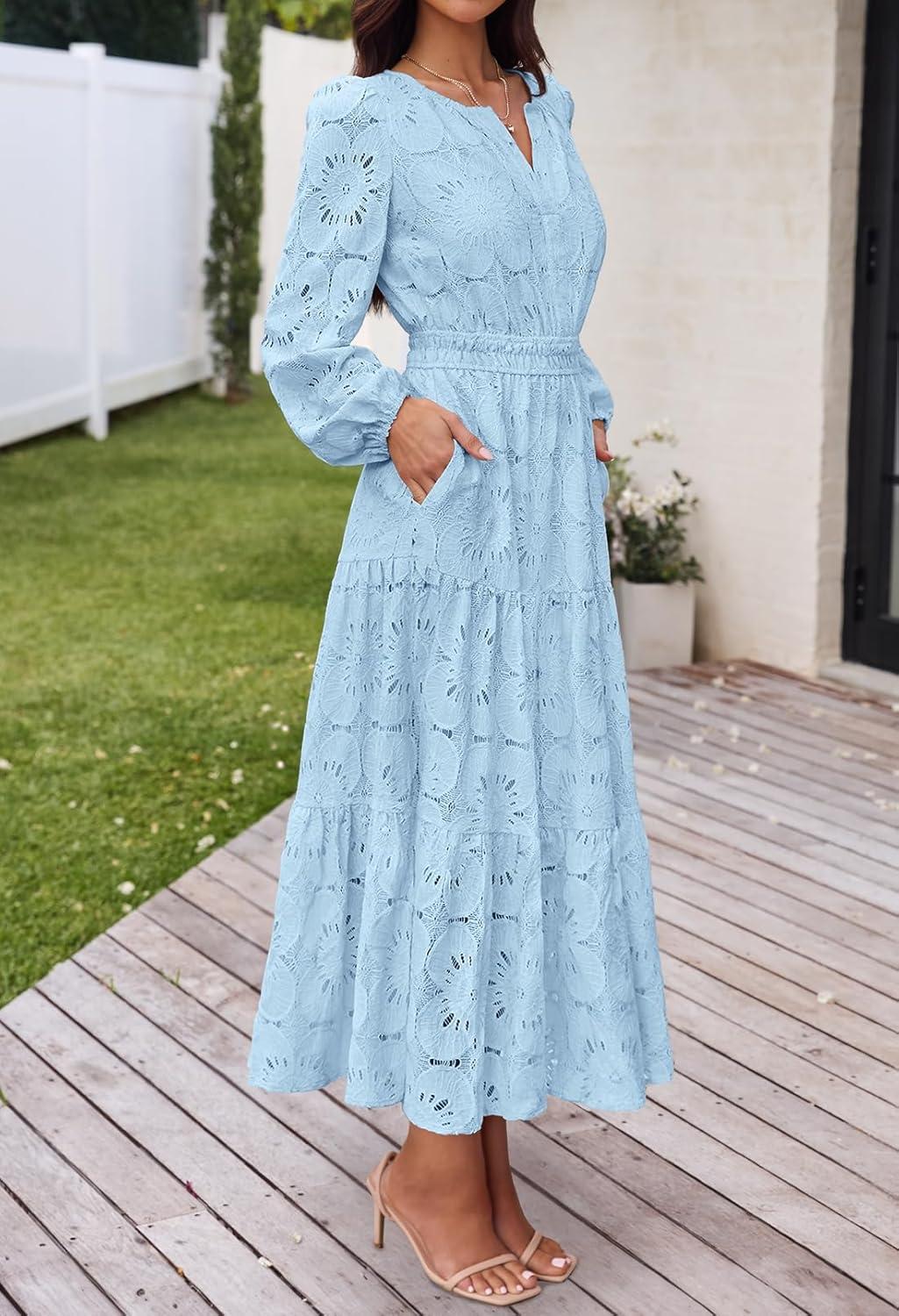 imageMEROKEETY Womens Fall Long Sleeve Floral Maxi Dress Lace Eyelet Hollow Out Tiered Boho Wedding Guest Dresses PocketsBlue