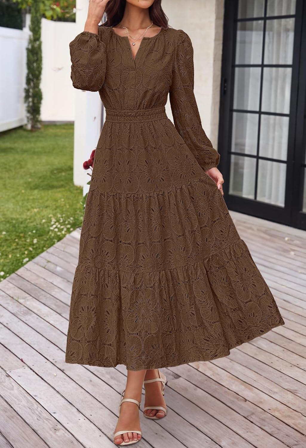 imageMEROKEETY Womens Fall Long Sleeve Floral Maxi Dress Lace Eyelet Hollow Out Tiered Boho Wedding Guest Dresses PocketsCoffee