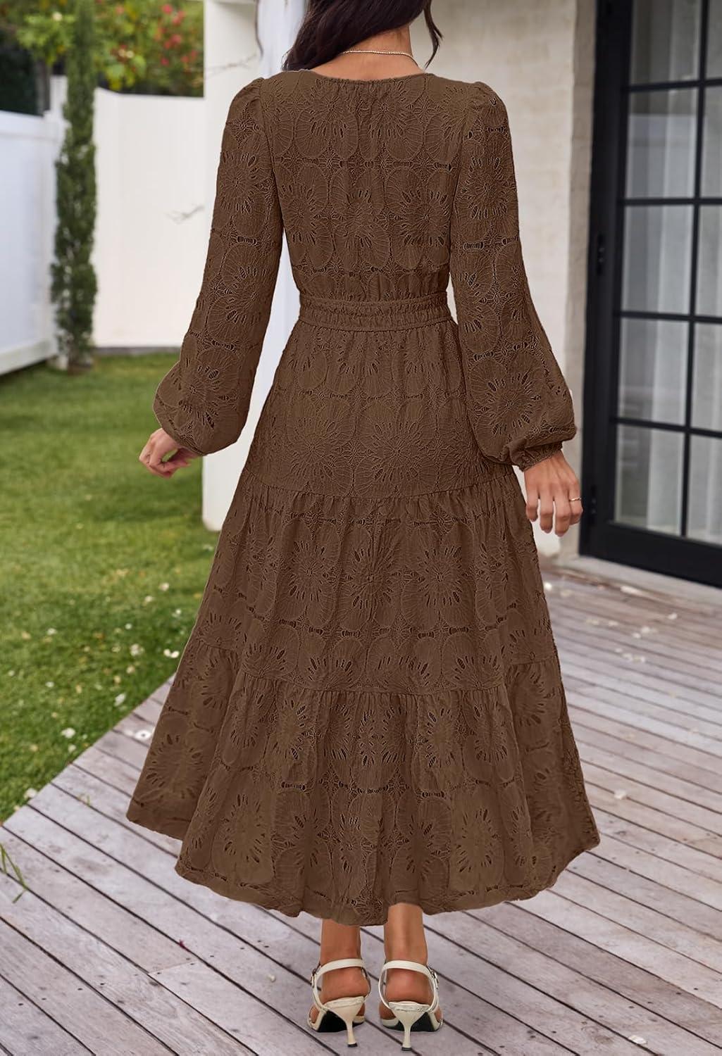 imageMEROKEETY Womens Fall Long Sleeve Floral Maxi Dress Lace Eyelet Hollow Out Tiered Boho Wedding Guest Dresses PocketsCoffee