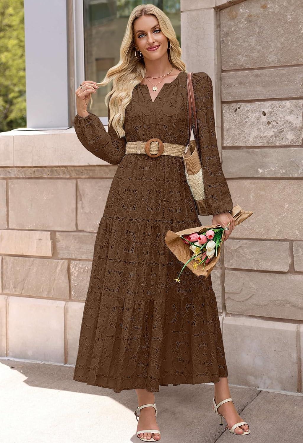 imageMEROKEETY Womens Fall Long Sleeve Floral Maxi Dress Lace Eyelet Hollow Out Tiered Boho Wedding Guest Dresses PocketsCoffee