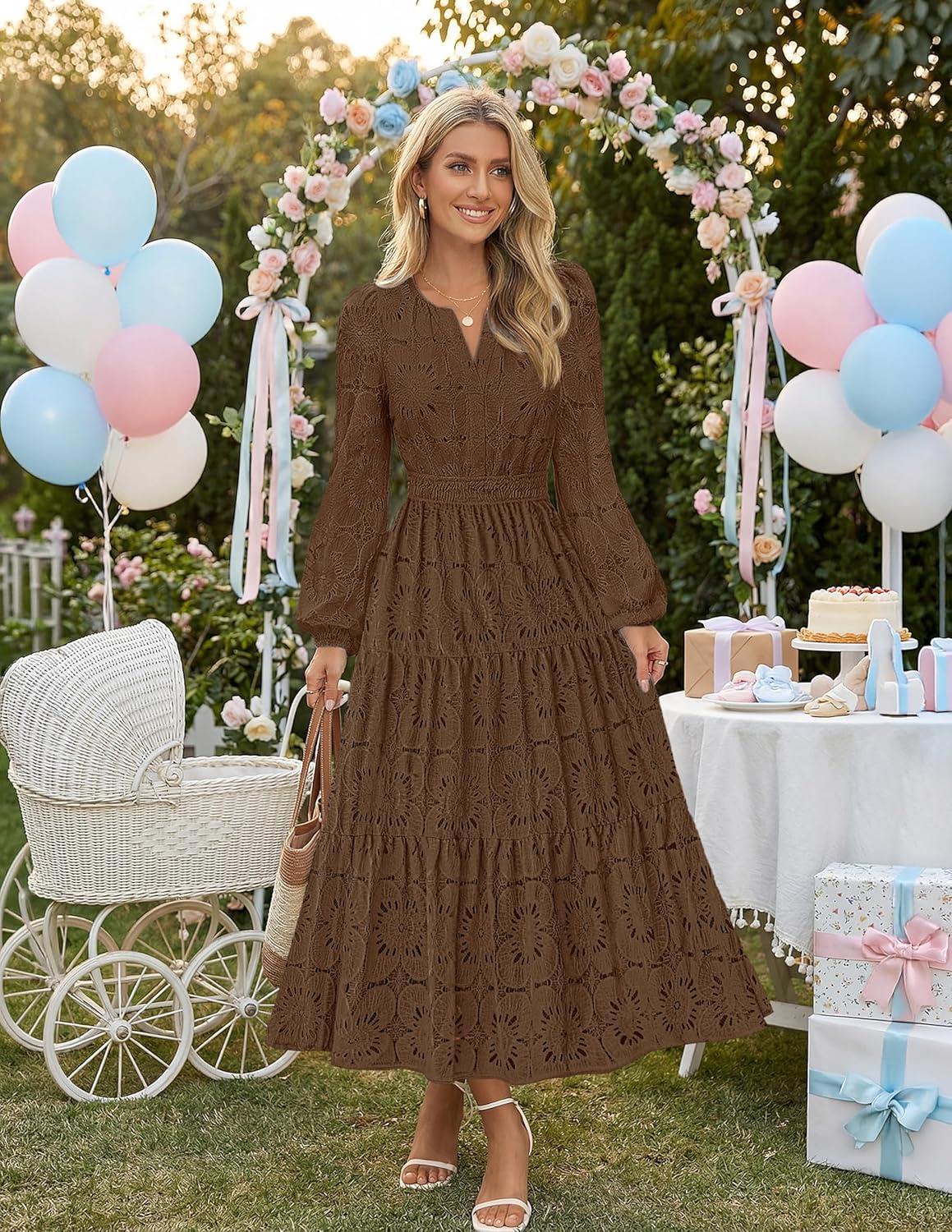imageMEROKEETY Womens Fall Long Sleeve Floral Maxi Dress Lace Eyelet Hollow Out Tiered Boho Wedding Guest Dresses PocketsCoffee