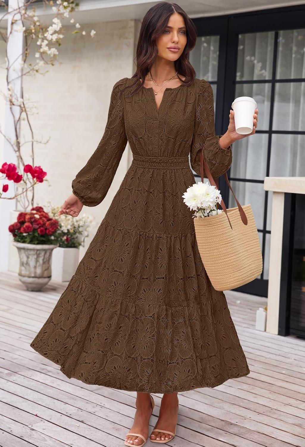 imageMEROKEETY Womens Fall Long Sleeve Floral Maxi Dress Lace Eyelet Hollow Out Tiered Boho Wedding Guest Dresses PocketsCoffee