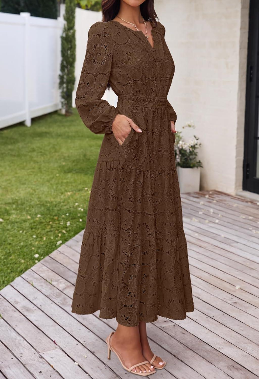 imageMEROKEETY Womens Fall Long Sleeve Floral Maxi Dress Lace Eyelet Hollow Out Tiered Boho Wedding Guest Dresses PocketsCoffee