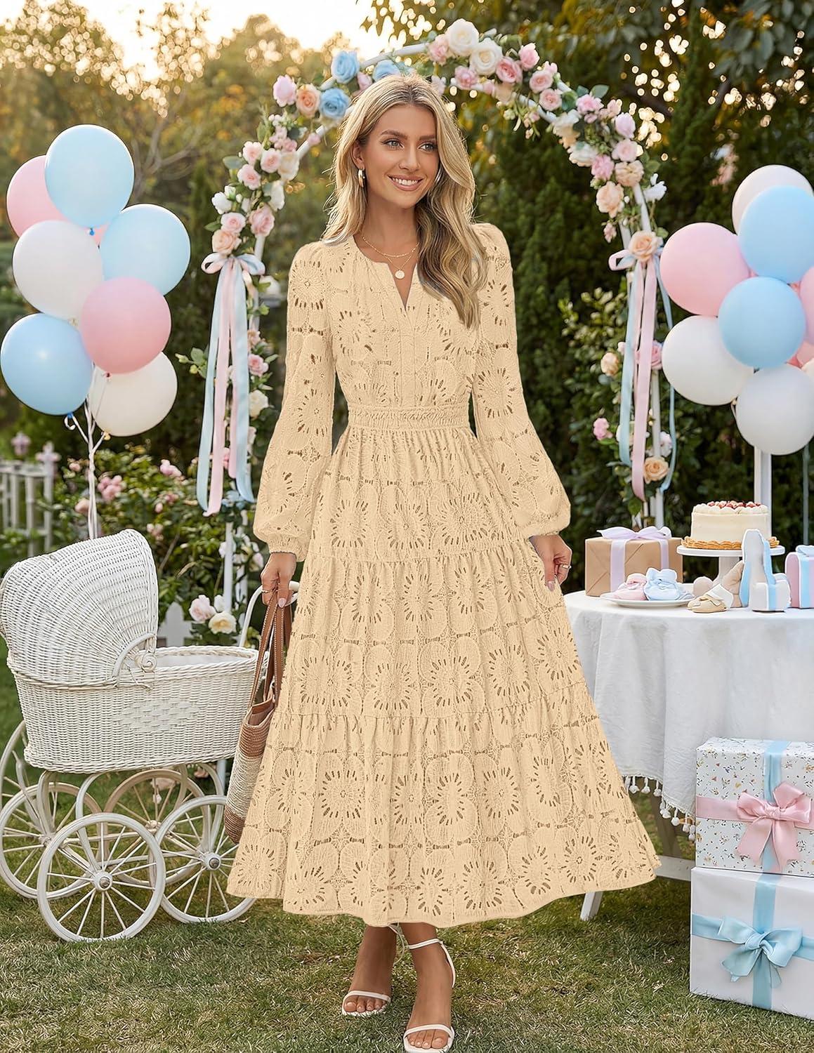 imageMEROKEETY Womens Fall Long Sleeve Floral Maxi Dress Lace Eyelet Hollow Out Tiered Boho Wedding Guest Dresses PocketsLight Khaki