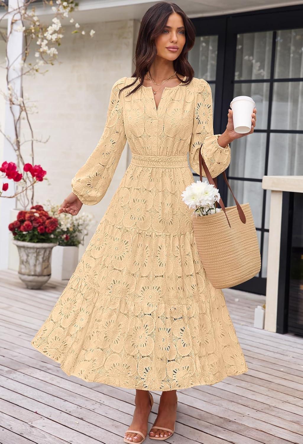 imageMEROKEETY Womens Fall Long Sleeve Floral Maxi Dress Lace Eyelet Hollow Out Tiered Boho Wedding Guest Dresses PocketsLight Khaki
