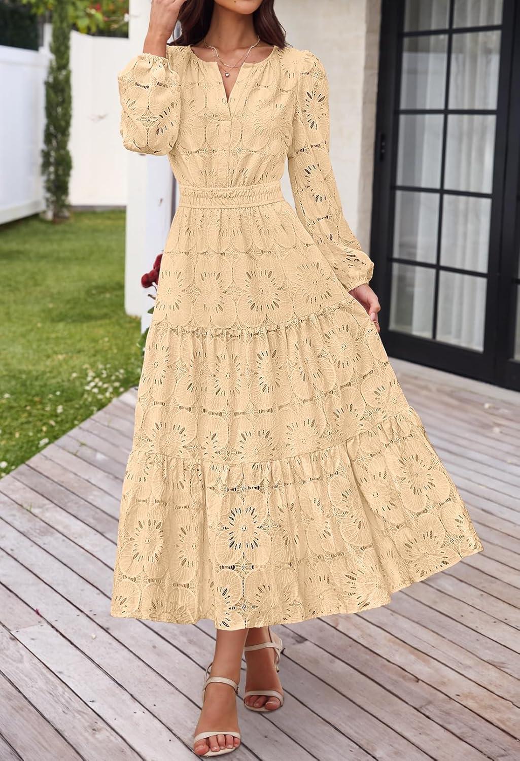 imageMEROKEETY Womens Fall Long Sleeve Floral Maxi Dress Lace Eyelet Hollow Out Tiered Boho Wedding Guest Dresses PocketsLight Khaki