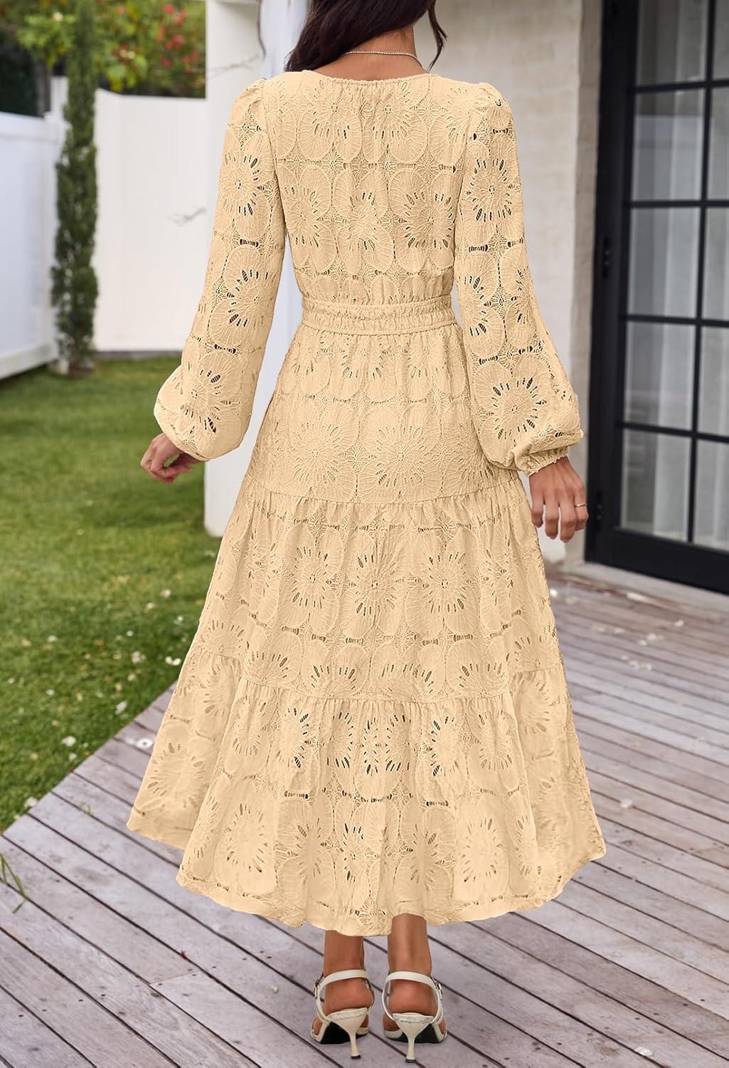 imageMEROKEETY Womens Fall Long Sleeve Floral Maxi Dress Lace Eyelet Hollow Out Tiered Boho Wedding Guest Dresses PocketsLight Khaki