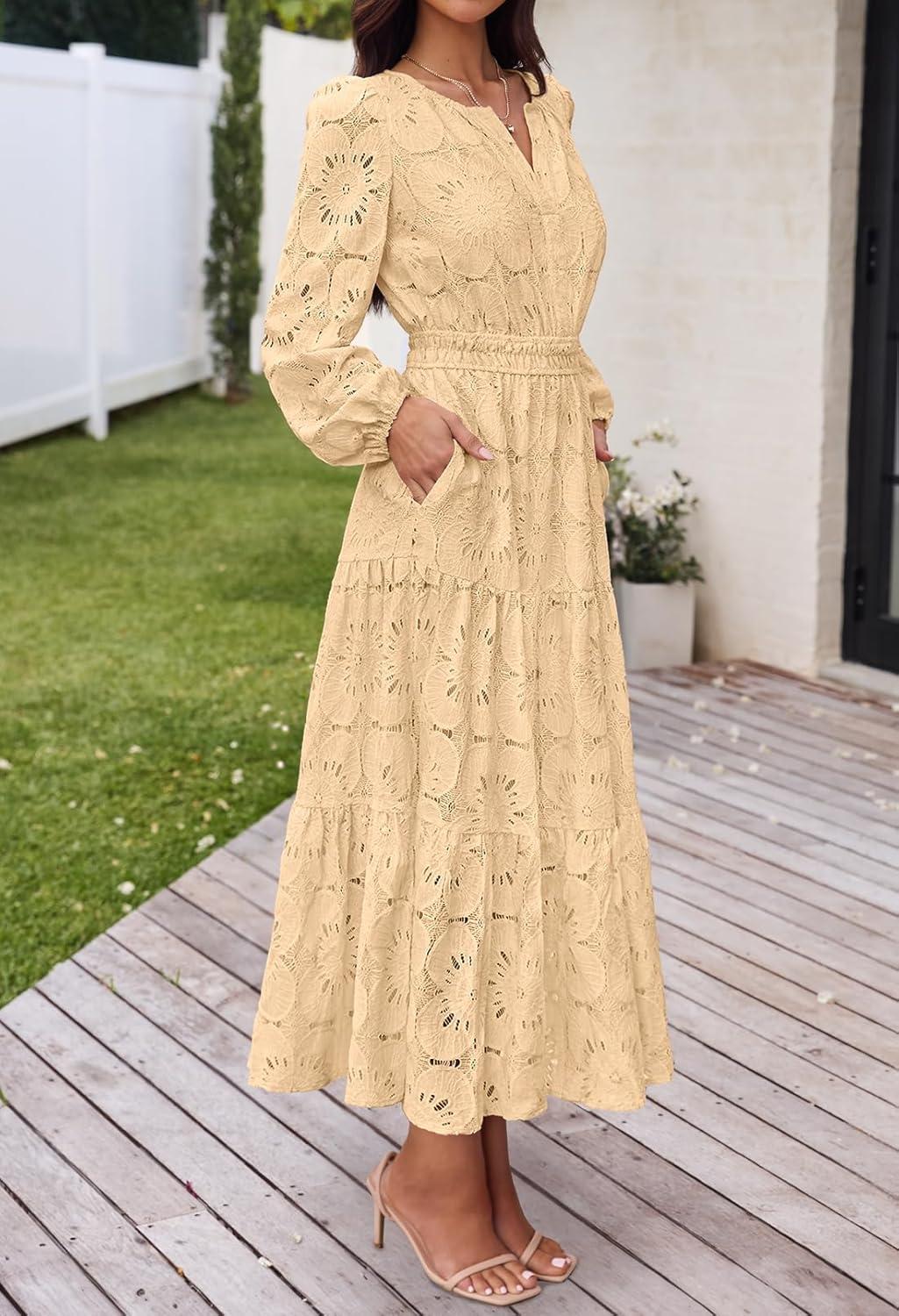 imageMEROKEETY Womens Fall Long Sleeve Floral Maxi Dress Lace Eyelet Hollow Out Tiered Boho Wedding Guest Dresses PocketsLight Khaki