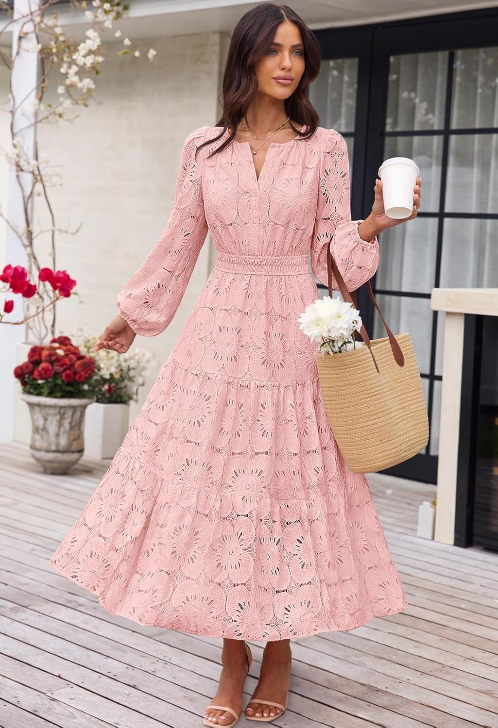 imageMEROKEETY Womens Fall Long Sleeve Floral Maxi Dress Lace Eyelet Hollow Out Tiered Boho Wedding Guest Dresses PocketsPink