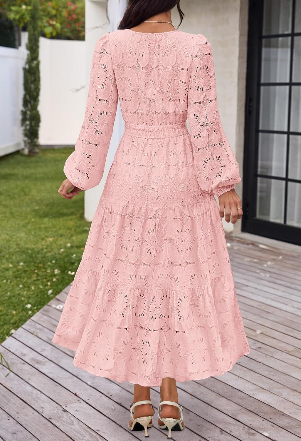 imageMEROKEETY Womens Fall Long Sleeve Floral Maxi Dress Lace Eyelet Hollow Out Tiered Boho Wedding Guest Dresses PocketsPink