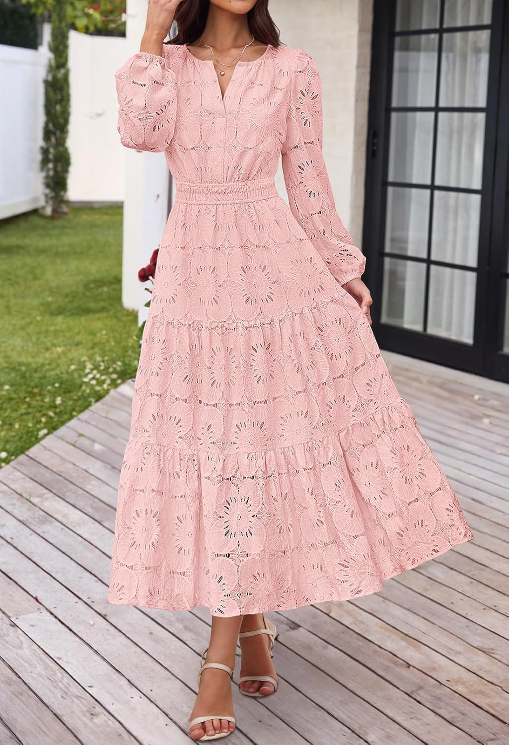 imageMEROKEETY Womens Fall Long Sleeve Floral Maxi Dress Lace Eyelet Hollow Out Tiered Boho Wedding Guest Dresses PocketsPink