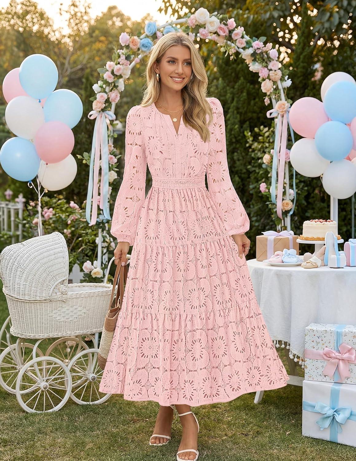imageMEROKEETY Womens Fall Long Sleeve Floral Maxi Dress Lace Eyelet Hollow Out Tiered Boho Wedding Guest Dresses PocketsPink