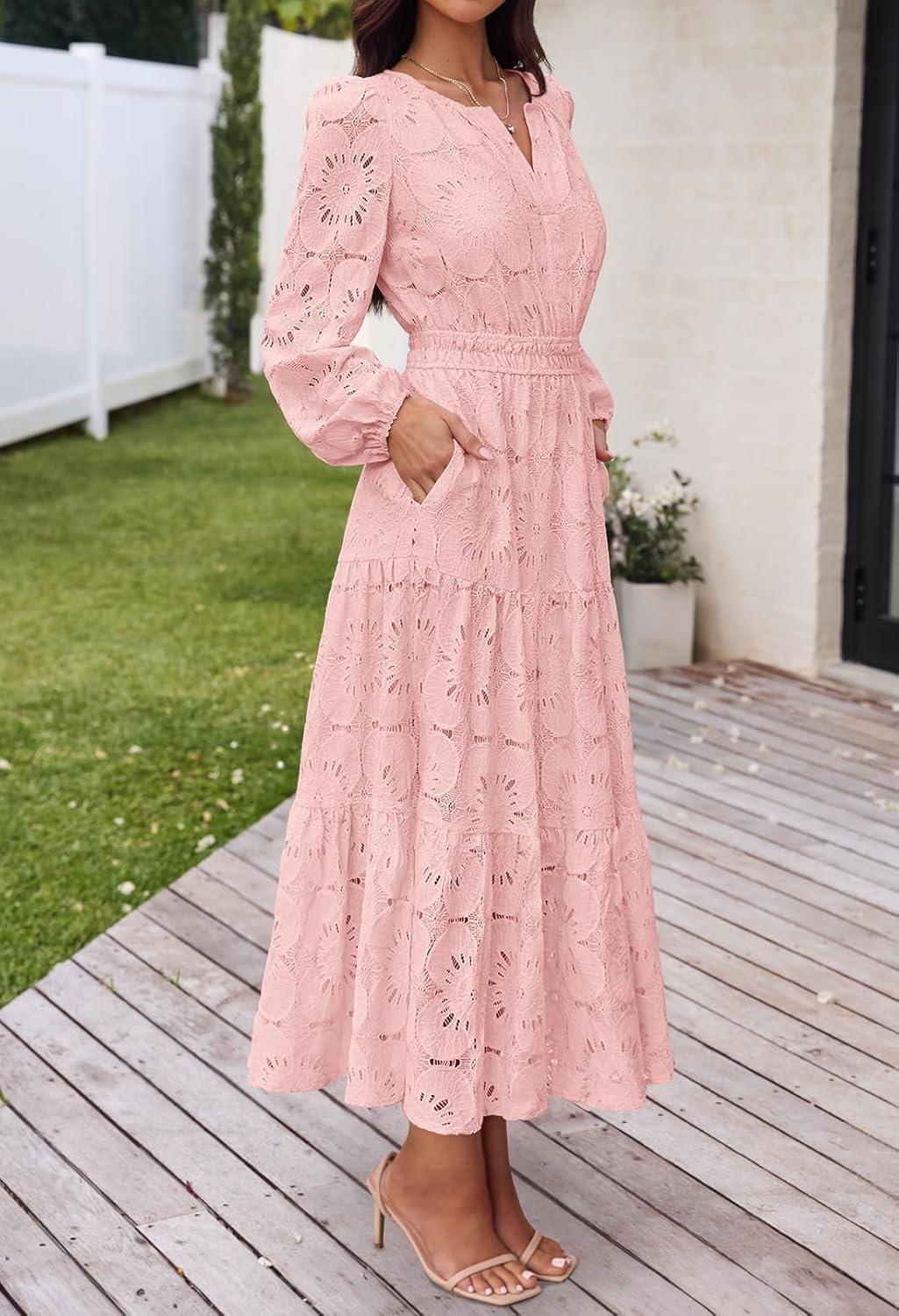 imageMEROKEETY Womens Fall Long Sleeve Floral Maxi Dress Lace Eyelet Hollow Out Tiered Boho Wedding Guest Dresses PocketsPink