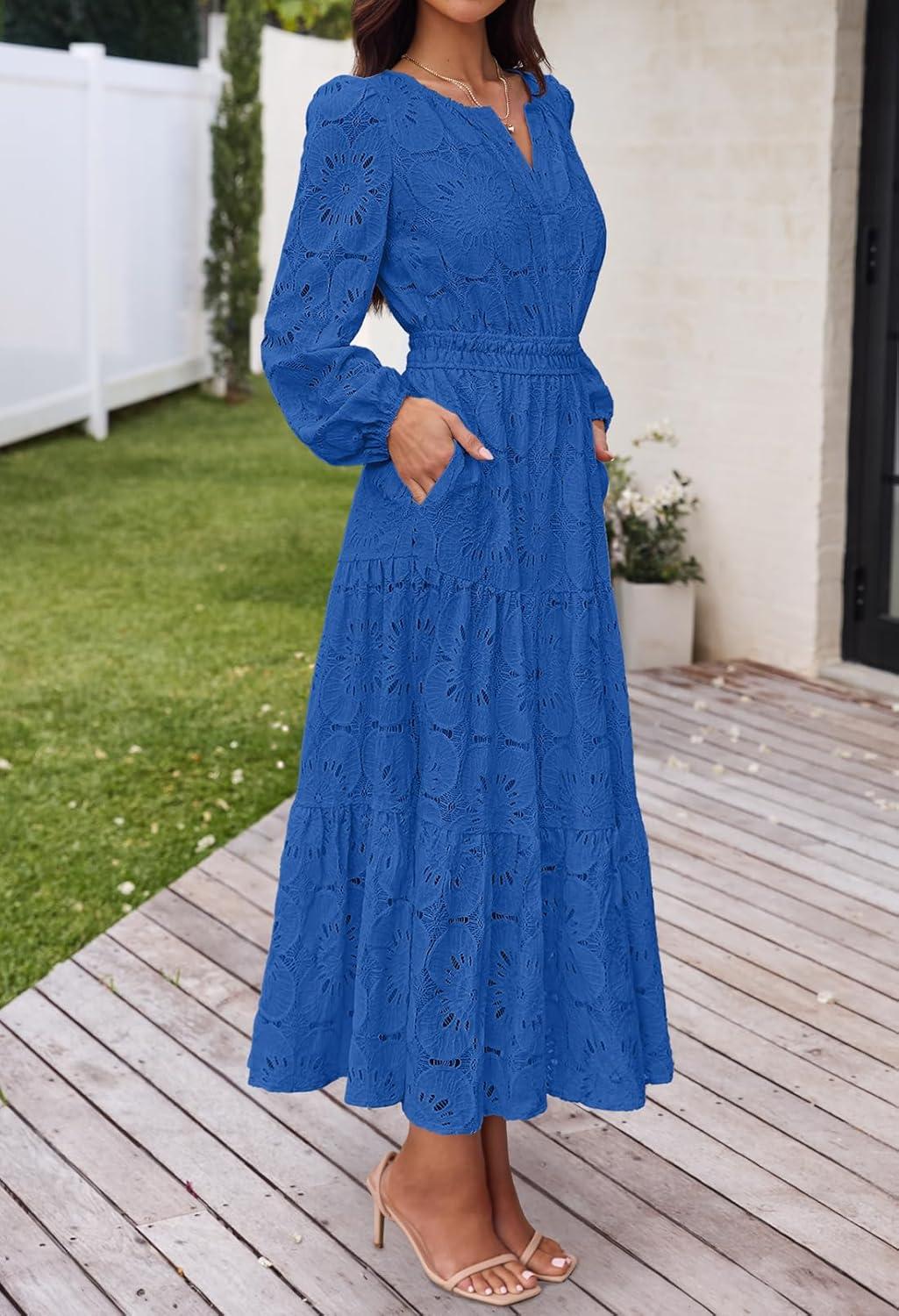 imageMEROKEETY Womens Fall Long Sleeve Floral Maxi Dress Lace Eyelet Hollow Out Tiered Boho Wedding Guest Dresses PocketsRoyal Blue