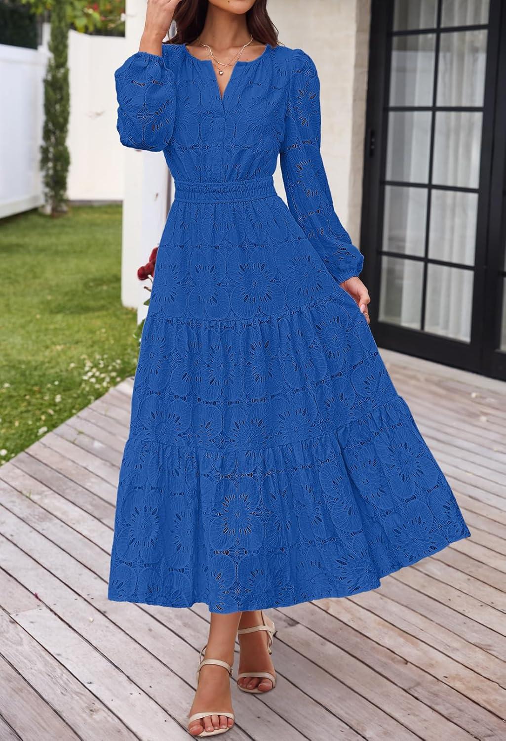 imageMEROKEETY Womens Fall Long Sleeve Floral Maxi Dress Lace Eyelet Hollow Out Tiered Boho Wedding Guest Dresses PocketsRoyal Blue