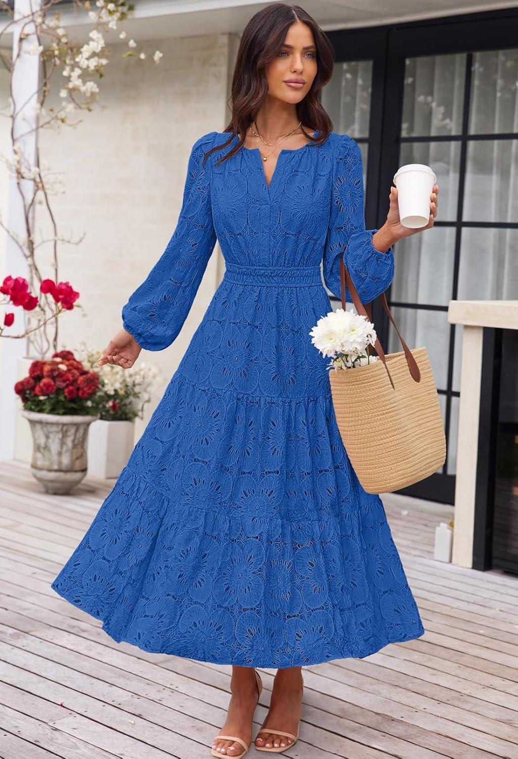imageMEROKEETY Womens Fall Long Sleeve Floral Maxi Dress Lace Eyelet Hollow Out Tiered Boho Wedding Guest Dresses PocketsRoyal Blue