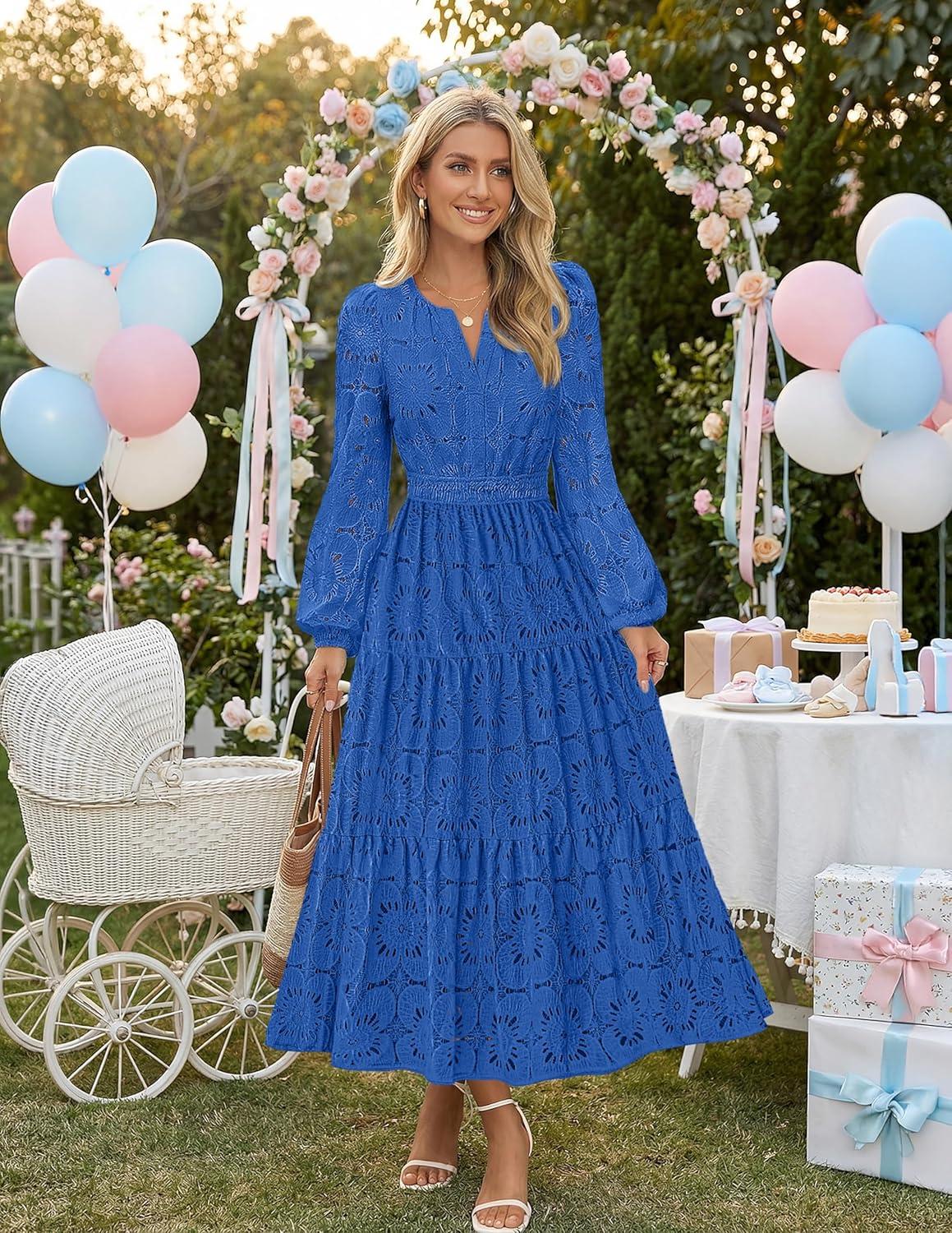 imageMEROKEETY Womens Fall Long Sleeve Floral Maxi Dress Lace Eyelet Hollow Out Tiered Boho Wedding Guest Dresses PocketsRoyal Blue