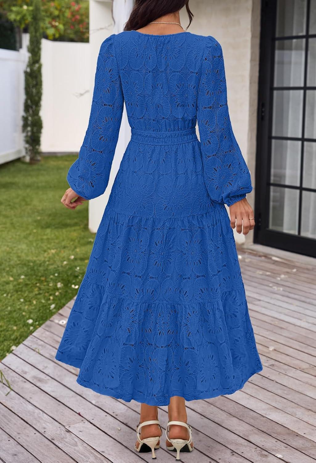 imageMEROKEETY Womens Fall Long Sleeve Floral Maxi Dress Lace Eyelet Hollow Out Tiered Boho Wedding Guest Dresses PocketsRoyal Blue