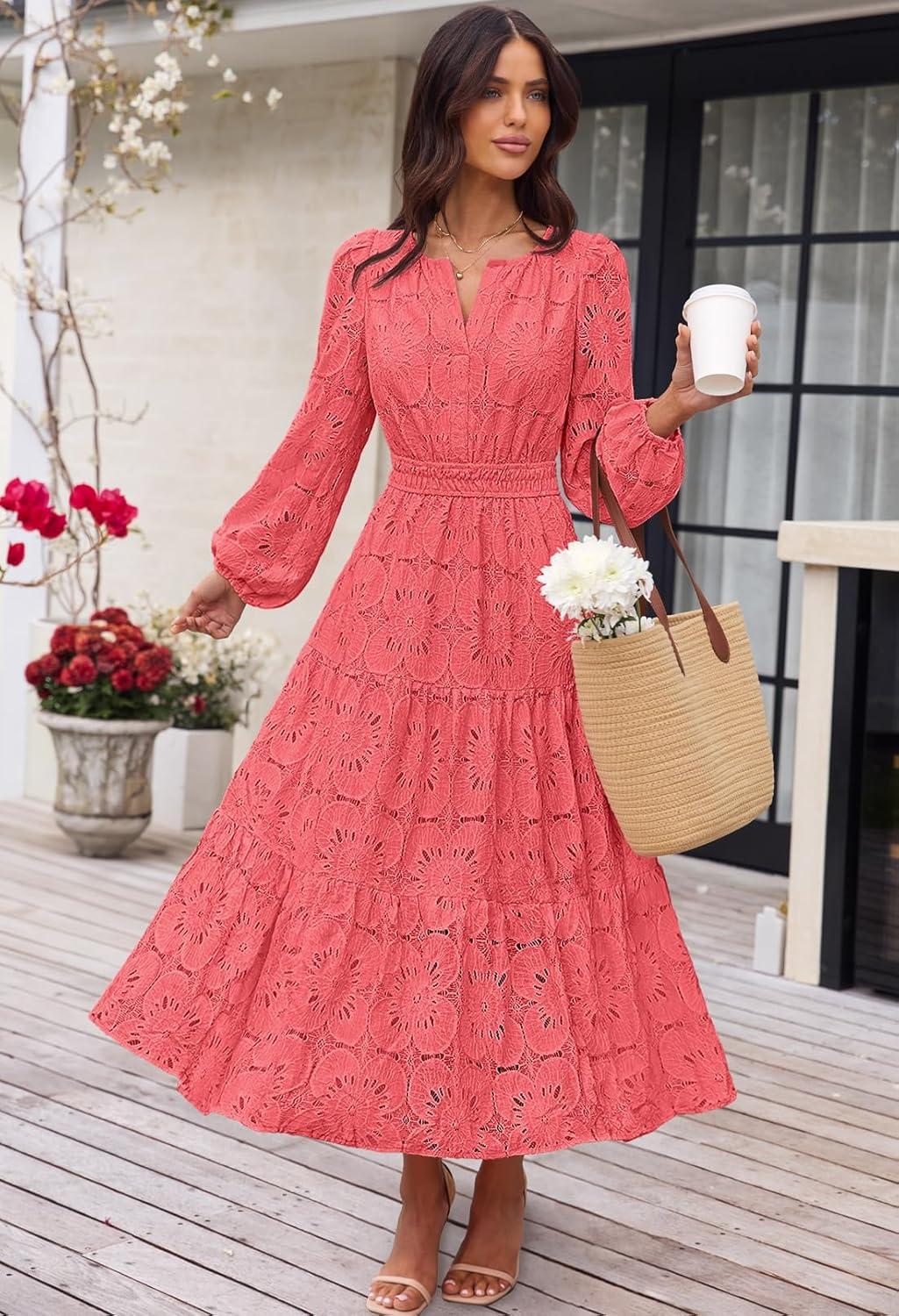 imageMEROKEETY Womens Fall Long Sleeve Floral Maxi Dress Lace Eyelet Hollow Out Tiered Boho Wedding Guest Dresses PocketsWatermelon