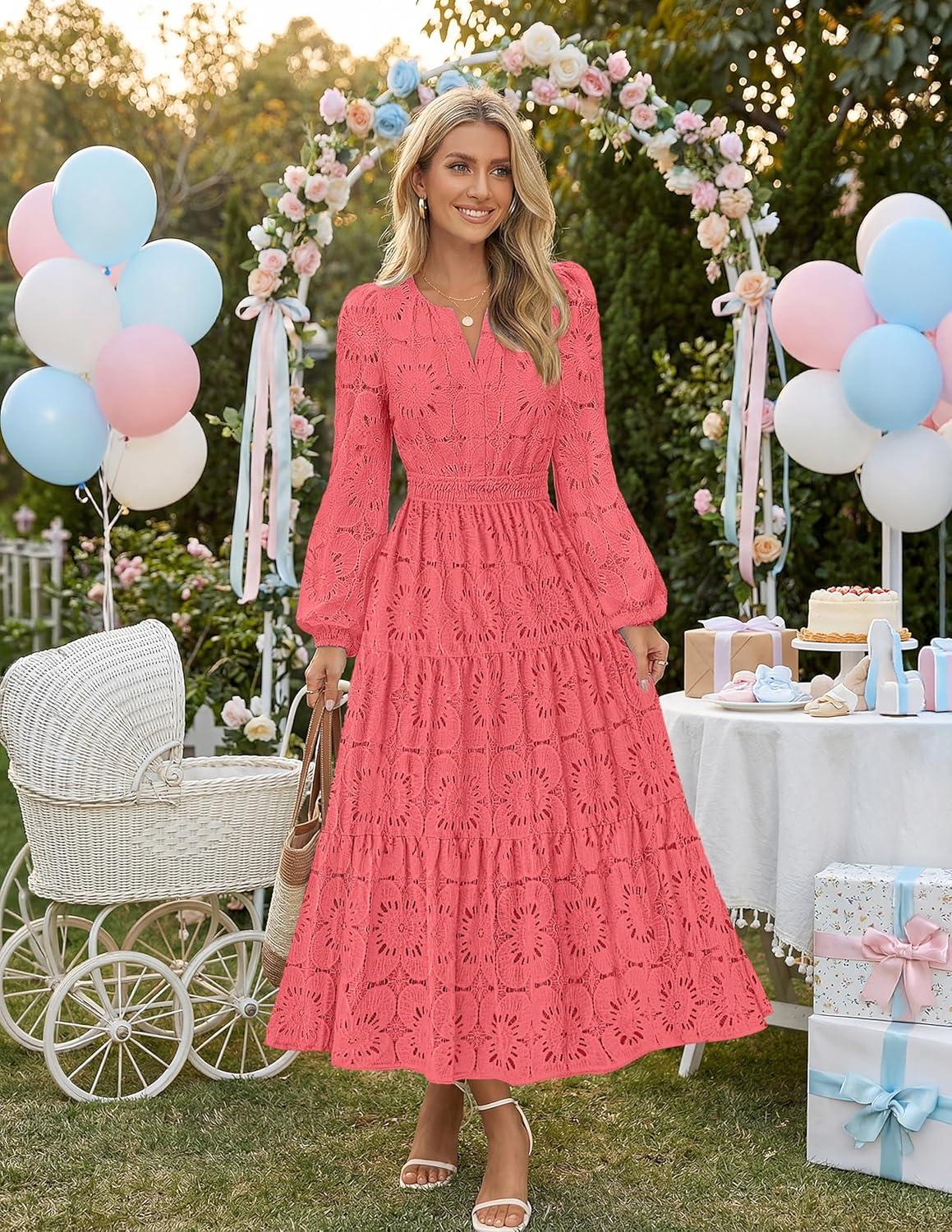 imageMEROKEETY Womens Fall Long Sleeve Floral Maxi Dress Lace Eyelet Hollow Out Tiered Boho Wedding Guest Dresses PocketsWatermelon