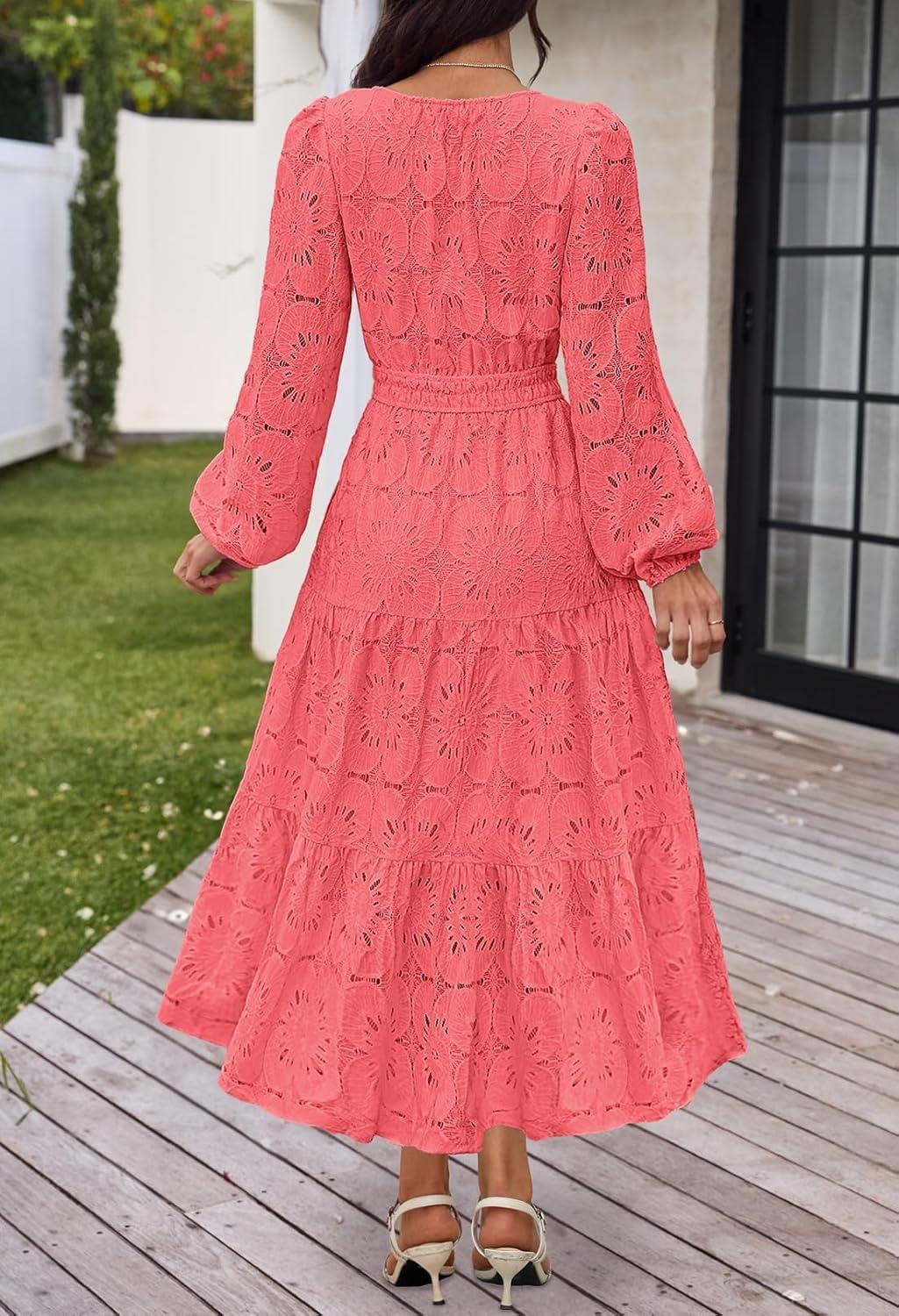 imageMEROKEETY Womens Fall Long Sleeve Floral Maxi Dress Lace Eyelet Hollow Out Tiered Boho Wedding Guest Dresses PocketsWatermelon