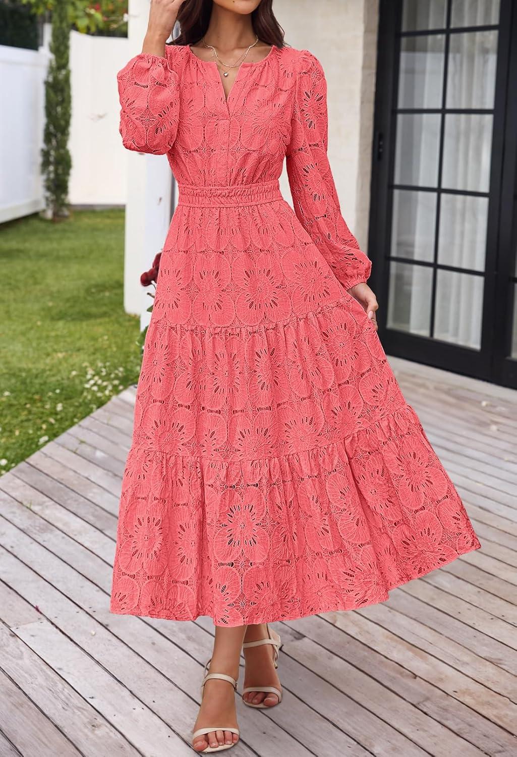 imageMEROKEETY Womens Fall Long Sleeve Floral Maxi Dress Lace Eyelet Hollow Out Tiered Boho Wedding Guest Dresses PocketsWatermelon