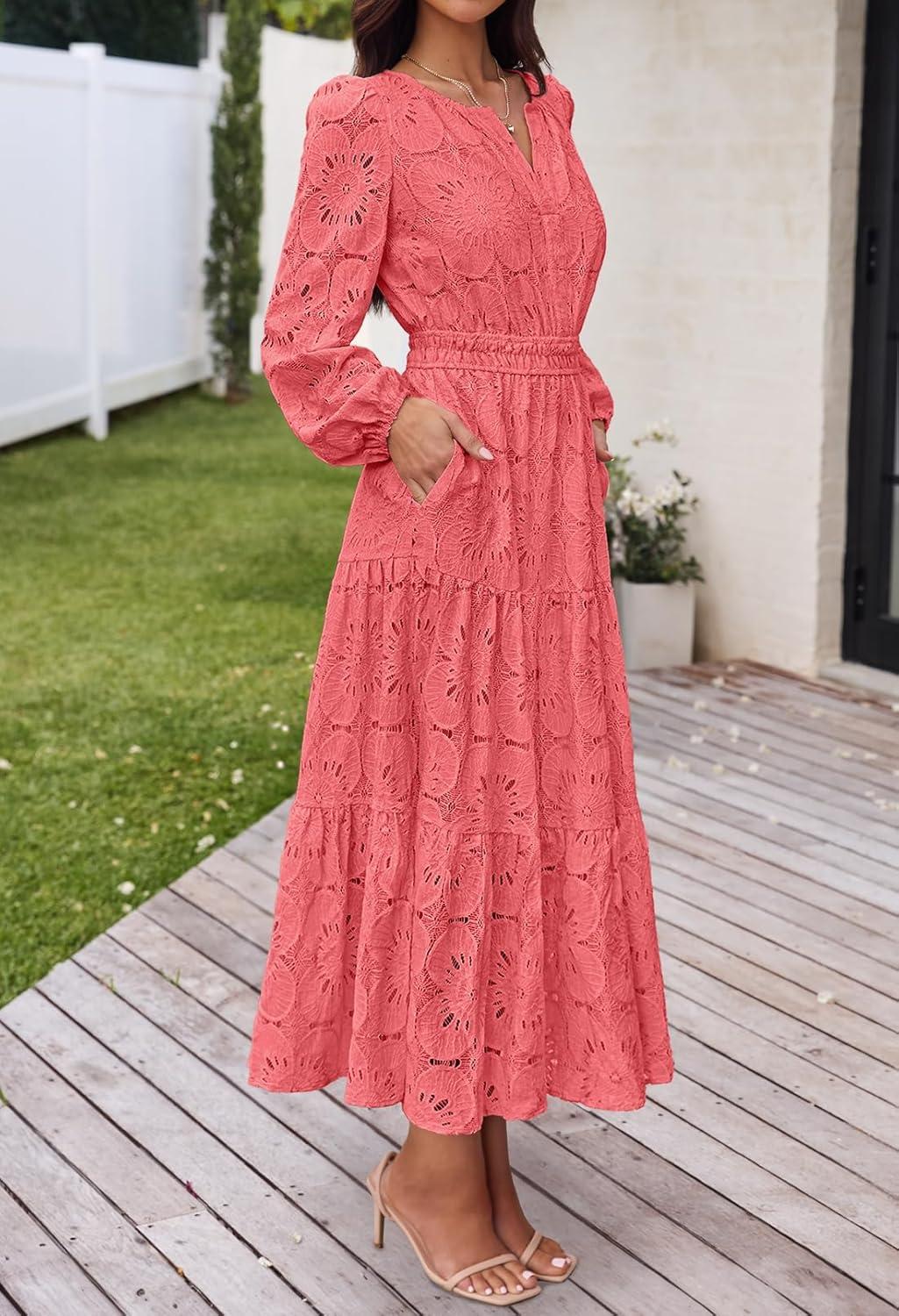 imageMEROKEETY Womens Fall Long Sleeve Floral Maxi Dress Lace Eyelet Hollow Out Tiered Boho Wedding Guest Dresses PocketsWatermelon