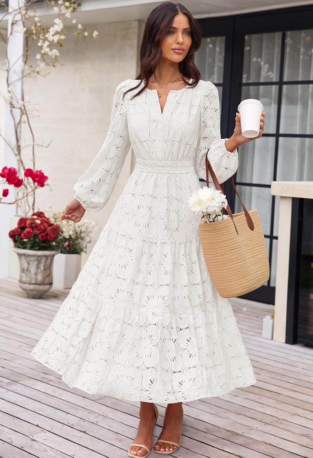 imageMEROKEETY Womens Fall Long Sleeve Floral Maxi Dress Lace Eyelet Hollow Out Tiered Boho Wedding Guest Dresses PocketsWhite