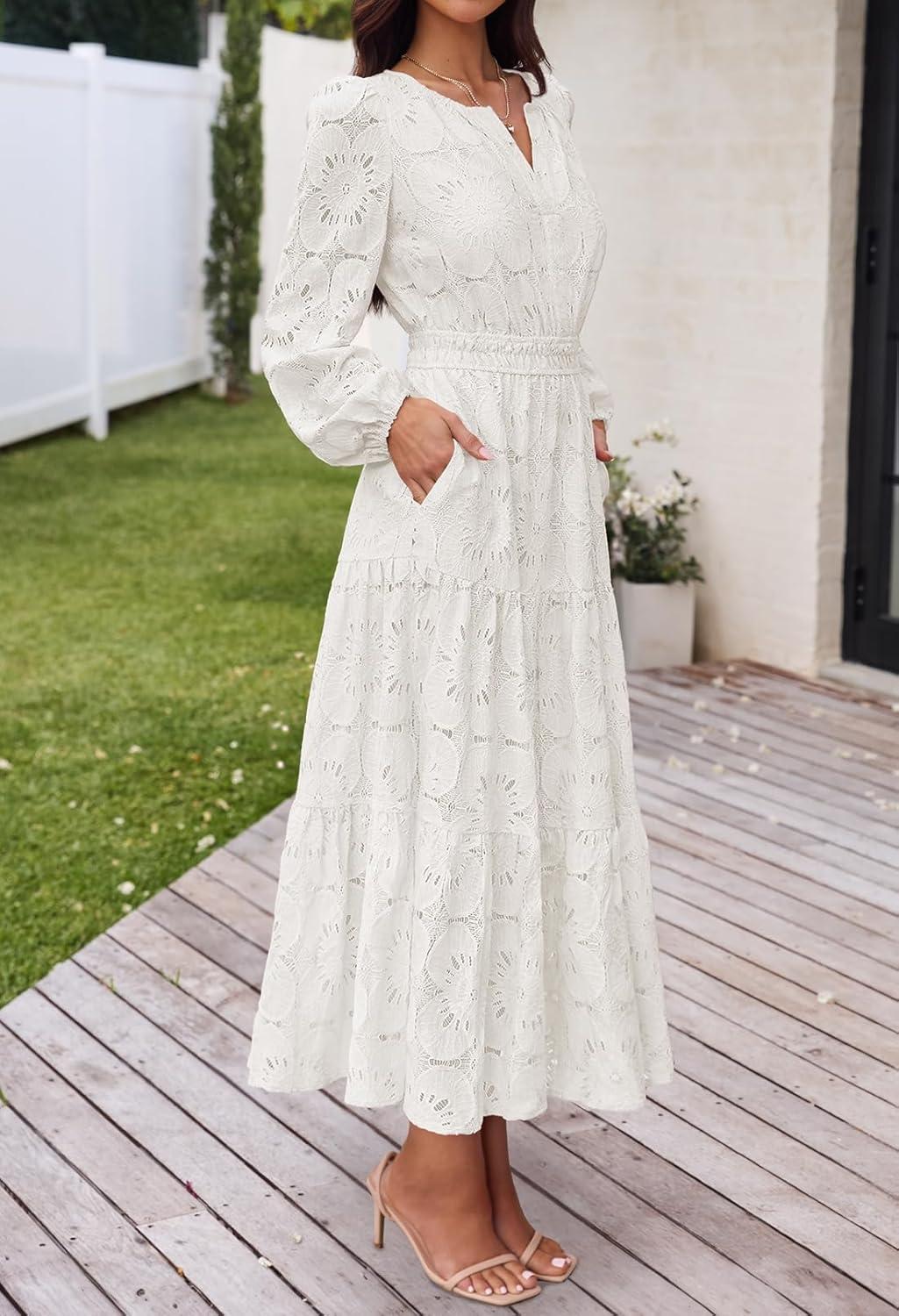 imageMEROKEETY Womens Fall Long Sleeve Floral Maxi Dress Lace Eyelet Hollow Out Tiered Boho Wedding Guest Dresses PocketsWhite