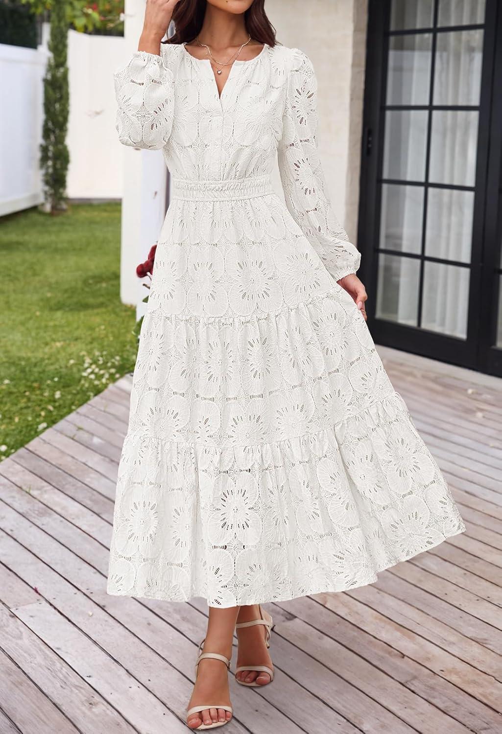imageMEROKEETY Womens Fall Long Sleeve Floral Maxi Dress Lace Eyelet Hollow Out Tiered Boho Wedding Guest Dresses PocketsWhite