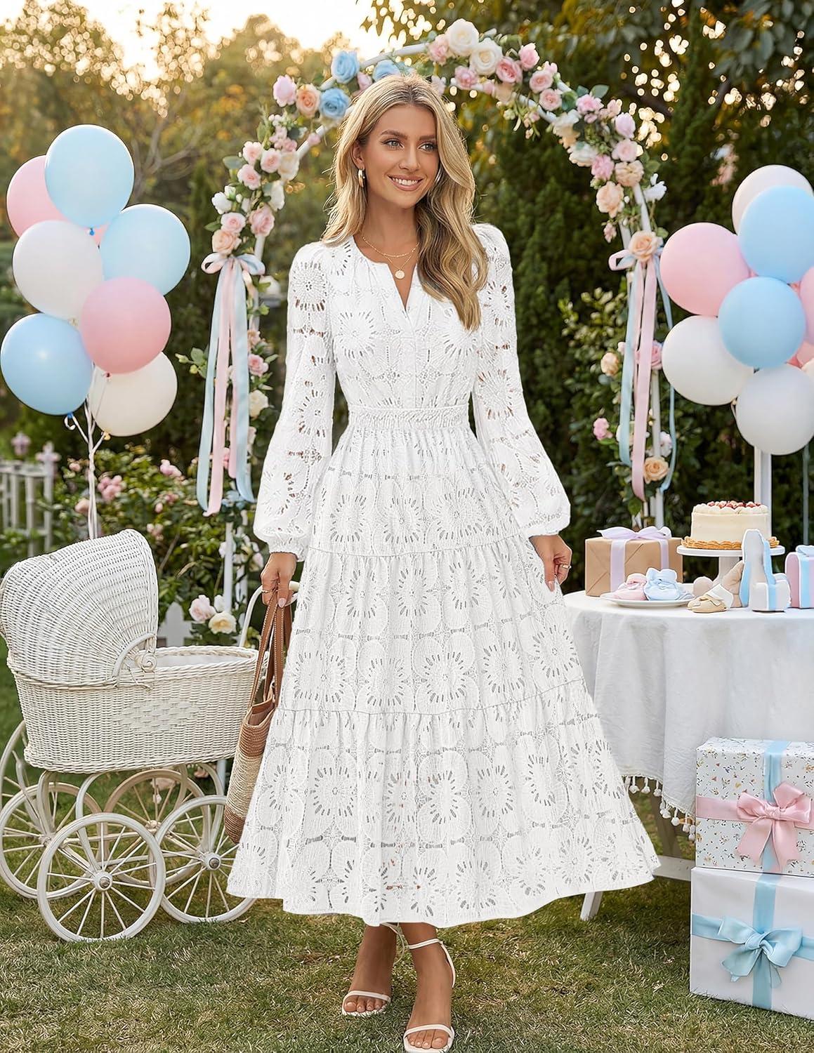 imageMEROKEETY Womens Fall Long Sleeve Floral Maxi Dress Lace Eyelet Hollow Out Tiered Boho Wedding Guest Dresses PocketsWhite
