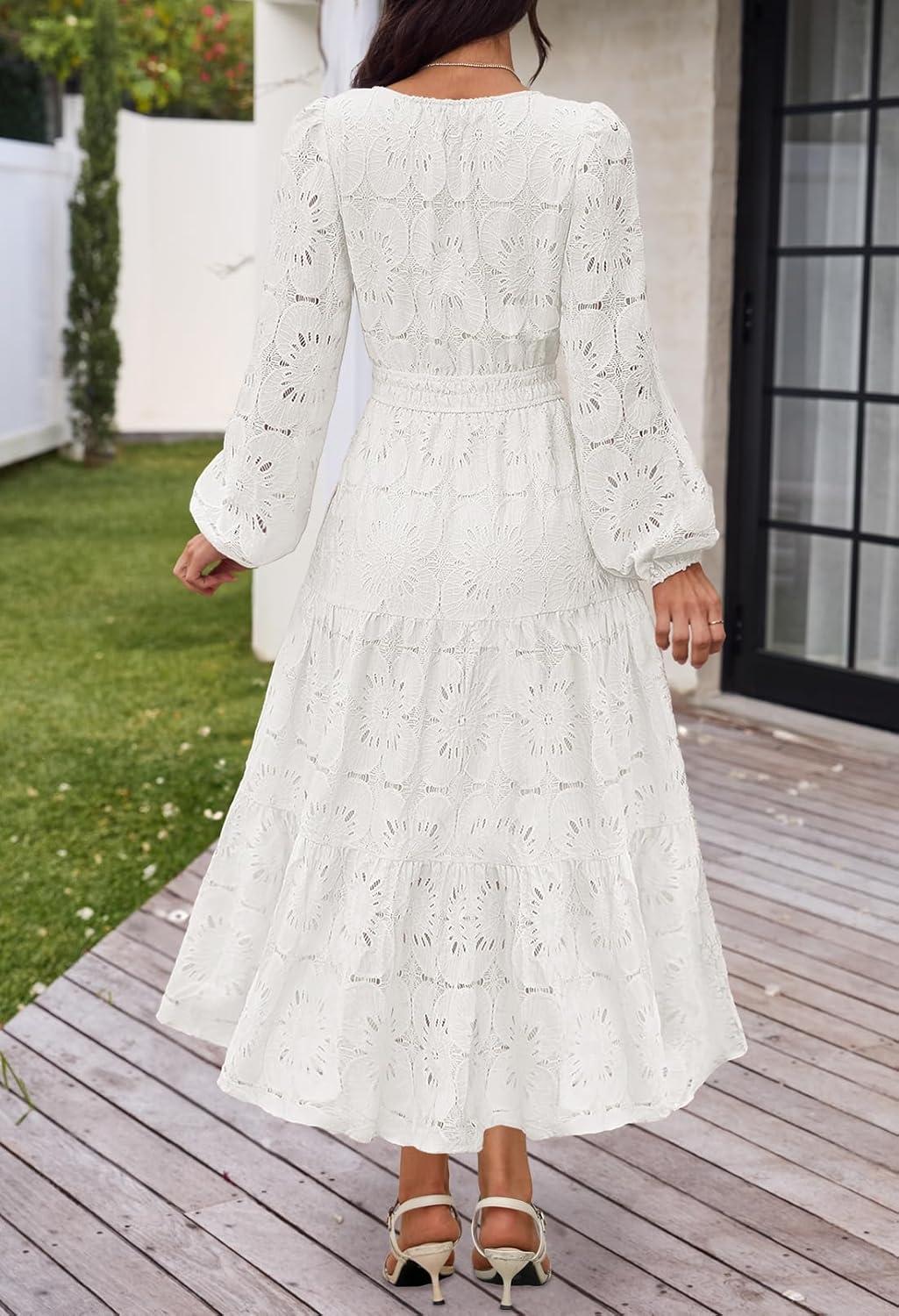imageMEROKEETY Womens Fall Long Sleeve Floral Maxi Dress Lace Eyelet Hollow Out Tiered Boho Wedding Guest Dresses PocketsWhite