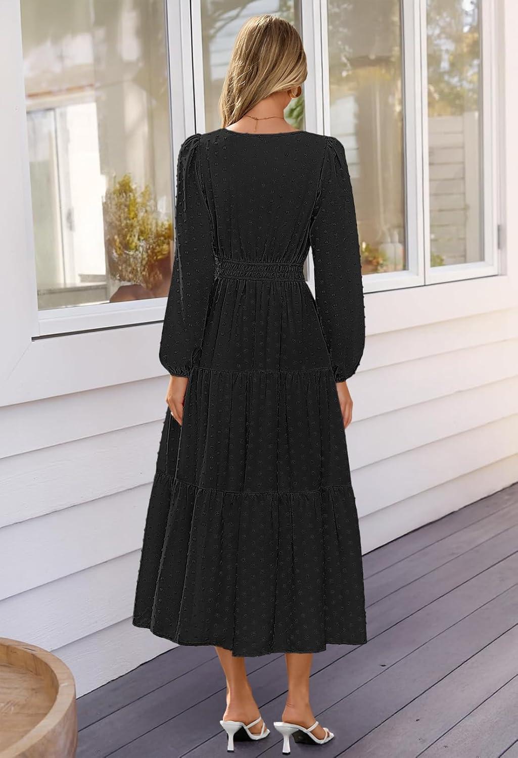 imageMEROKEETY Womens Fall Long Sleeve Maxi Dress 2026 Boho Ruffle Tiered Swiss Dots Wedding Guest Cocktail Long DressesBlack
