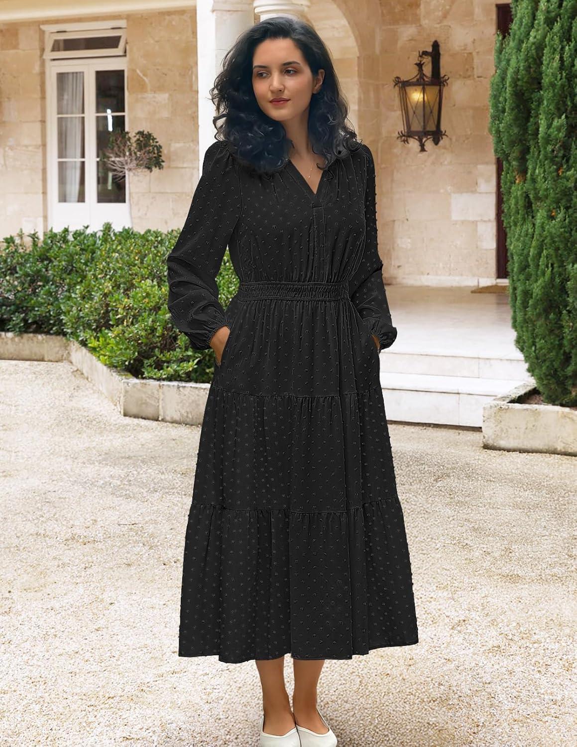 imageMEROKEETY Womens Fall Long Sleeve Maxi Dress 2026 Boho Ruffle Tiered Swiss Dots Wedding Guest Cocktail Long DressesBlack