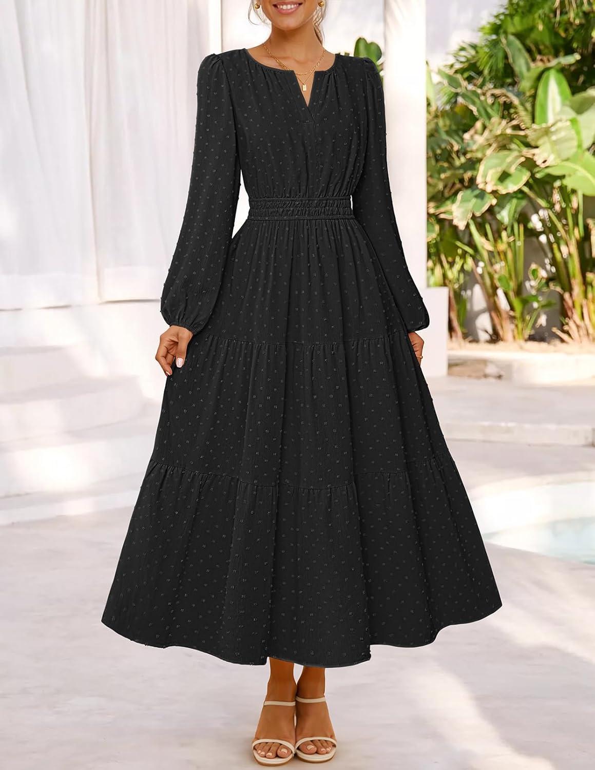 imageMEROKEETY Womens Fall Long Sleeve Maxi Dress 2026 Boho Ruffle Tiered Swiss Dots Wedding Guest Cocktail Long DressesBlack