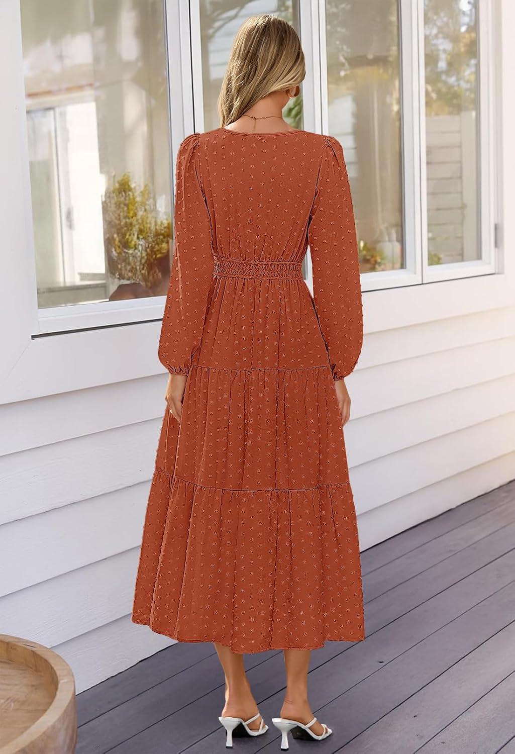 imageMEROKEETY Womens Fall Long Sleeve Maxi Dress 2026 Boho Ruffle Tiered Swiss Dots Wedding Guest Cocktail Long DressesBrick Red