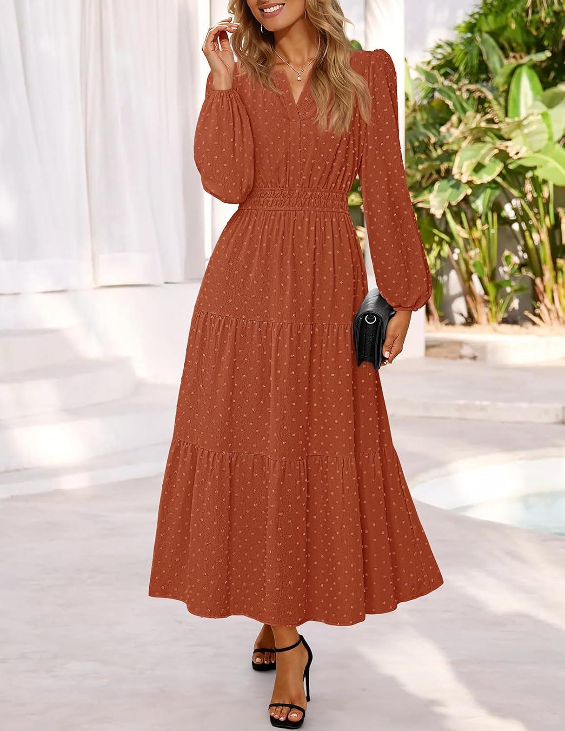 imageMEROKEETY Womens Fall Long Sleeve Maxi Dress 2026 Boho Ruffle Tiered Swiss Dots Wedding Guest Cocktail Long DressesBrick Red