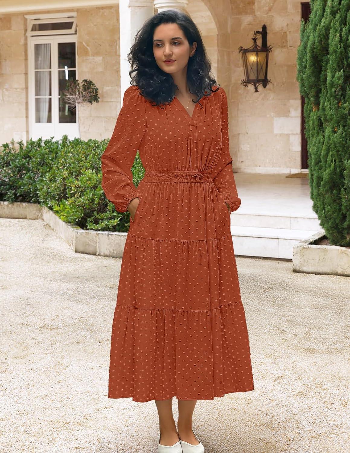 imageMEROKEETY Womens Fall Long Sleeve Maxi Dress 2026 Boho Ruffle Tiered Swiss Dots Wedding Guest Cocktail Long DressesBrick Red