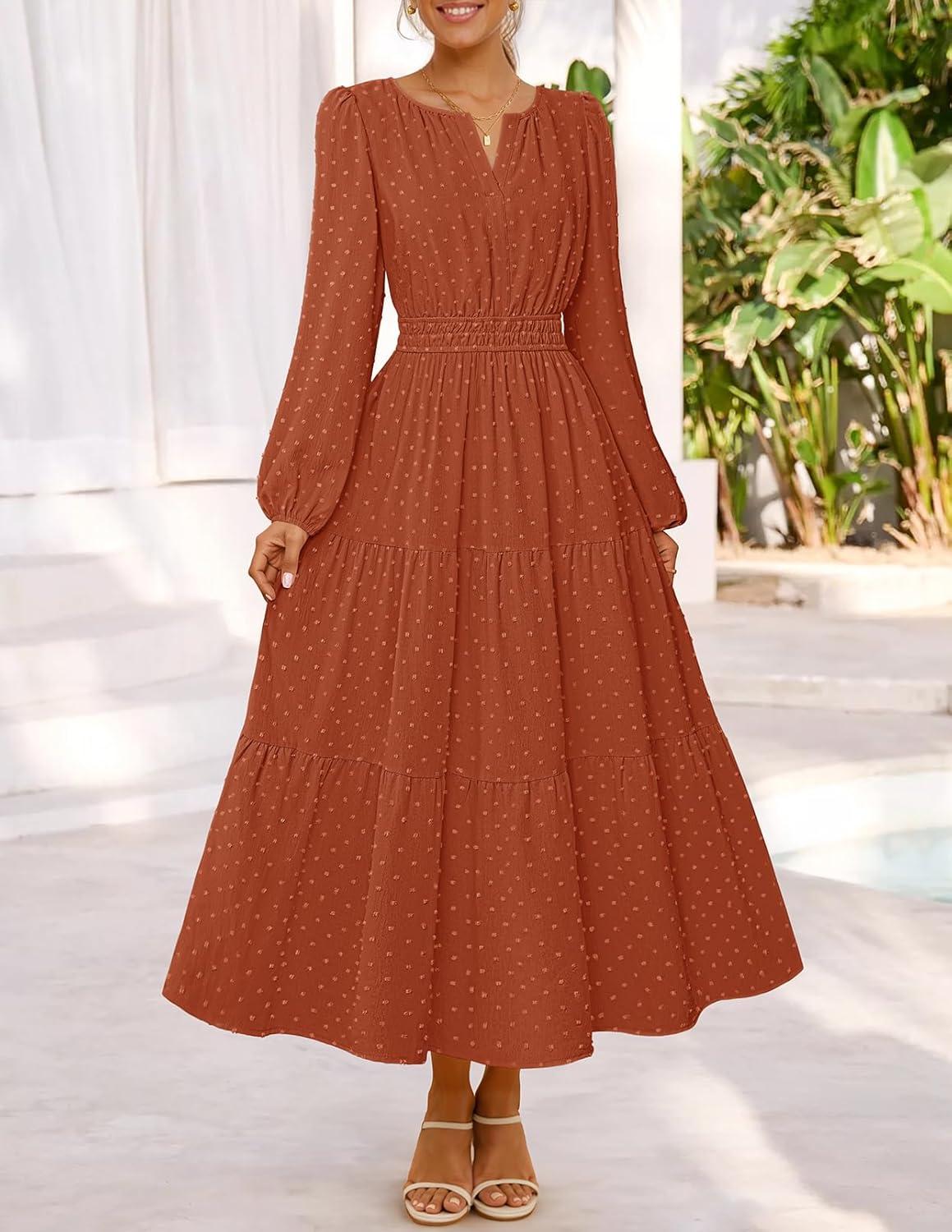 imageMEROKEETY Womens Fall Long Sleeve Maxi Dress 2026 Boho Ruffle Tiered Swiss Dots Wedding Guest Cocktail Long DressesBrick Red